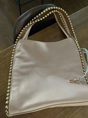 Women’s Leather Shoulder Bag in Blush Pink with Gold Bead Trim